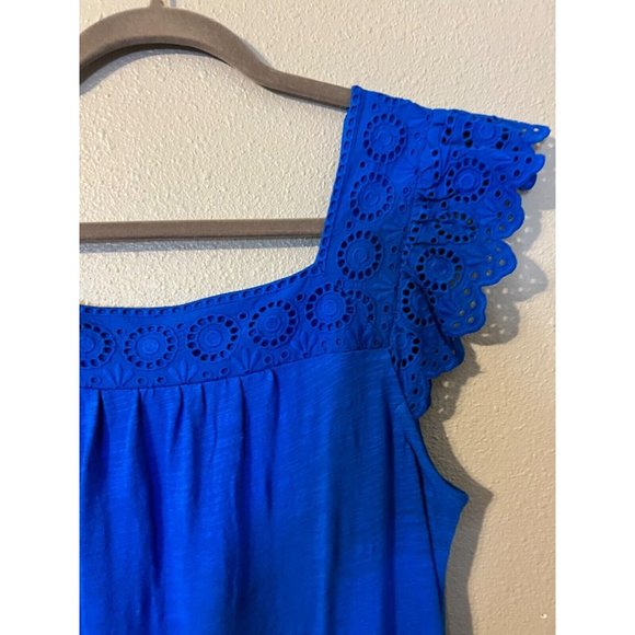 Talbots Dress M Medium Cobalt Blue Stretch Eyelet Slub Cotton Square Neck NEW - Picture 7 of 11